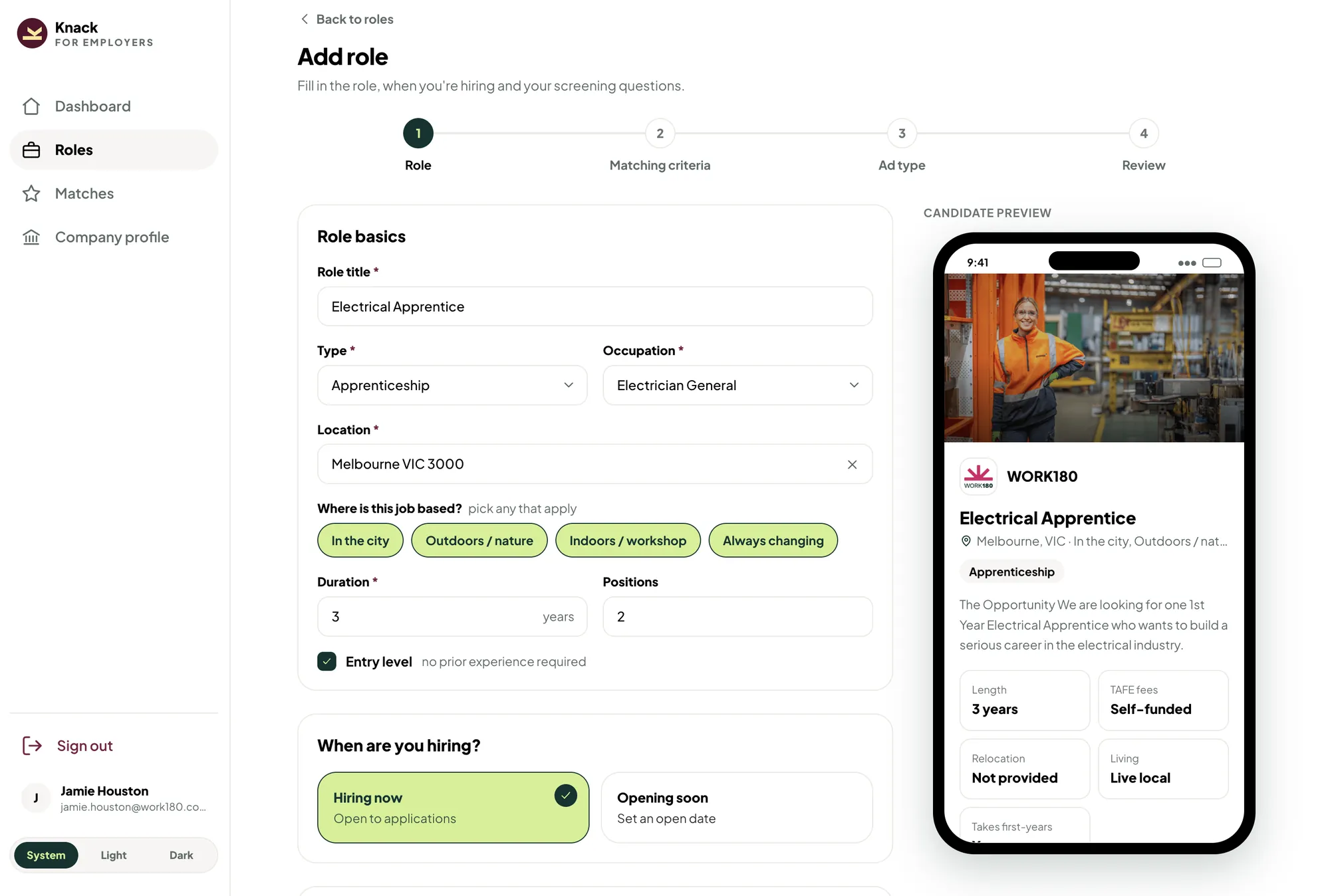Knack employer dashboard: add role with live candidate preview