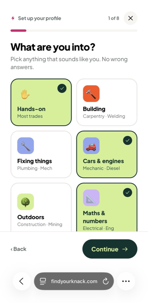 Knack onboarding: What are you into?